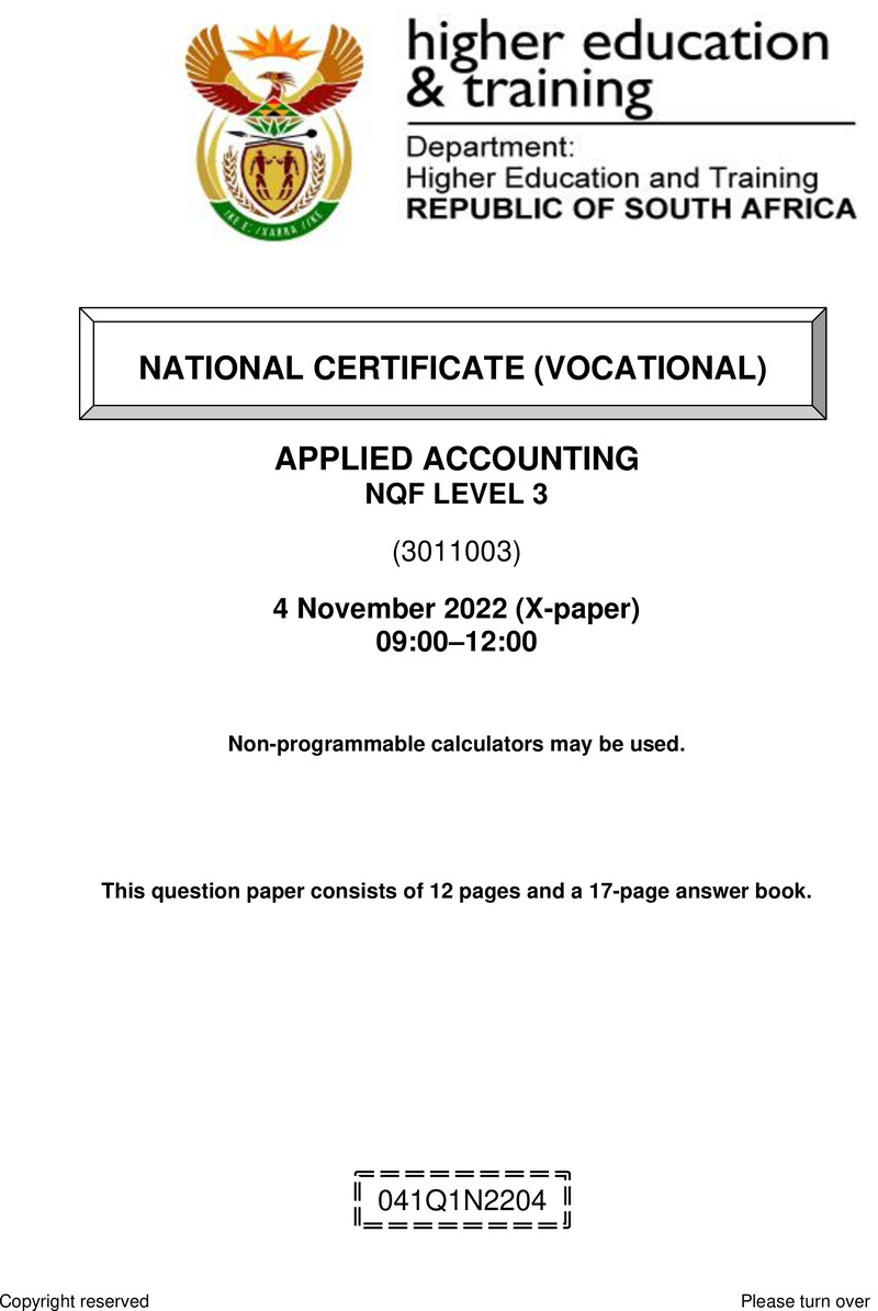 Applied Accounting Level 3 DHET NCV November 2022 Paper X - Question Paper
