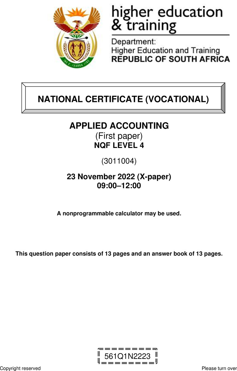 Applied Accounting Level 4 DHET NCV November 2022 Paper X - Question Paper
