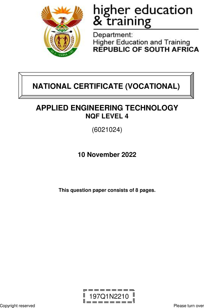 Applied Engineering Technology Level 4 DHET NCV November 2022 - Question Paper