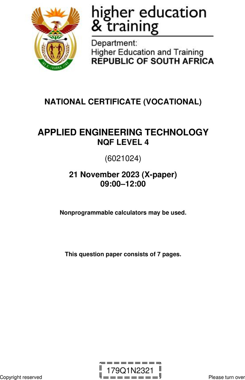 Applied Engineering Technology Level 4 DHET NCV November 2023 Paper X - Question Paper