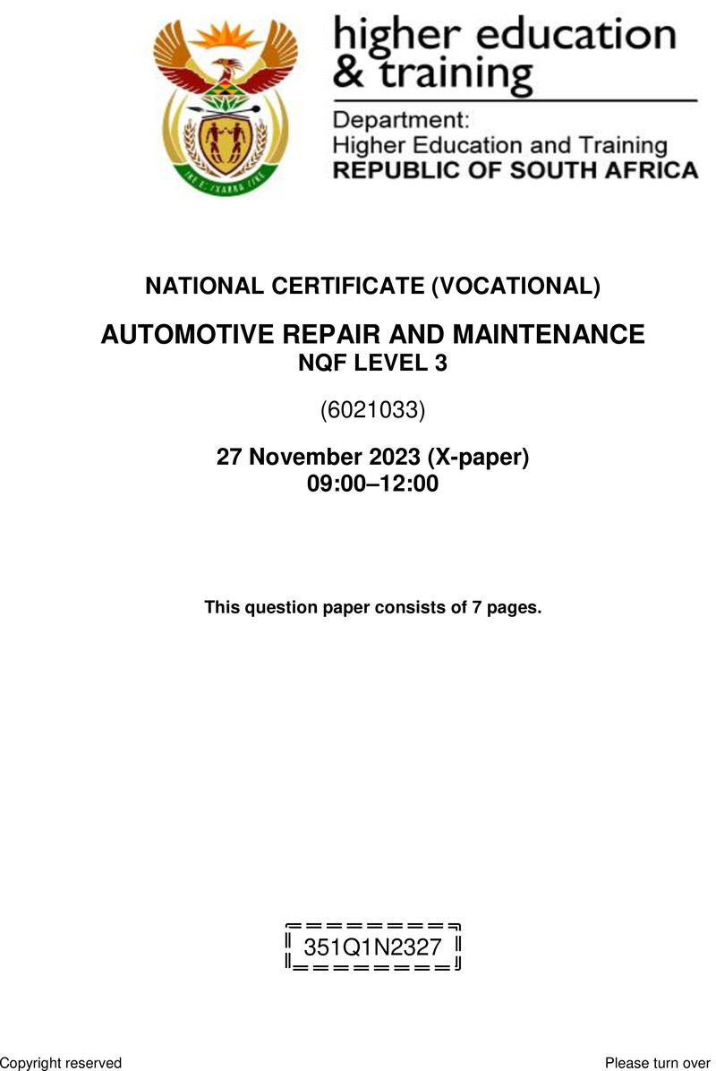 Automotive Repair and Maintenance Level 3 DHET NCV November 2023 Paper X - Question Paper