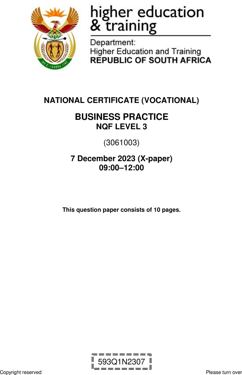 Business Practice Level 3 DHET NCV December 2023 Paper X - Question Paper
