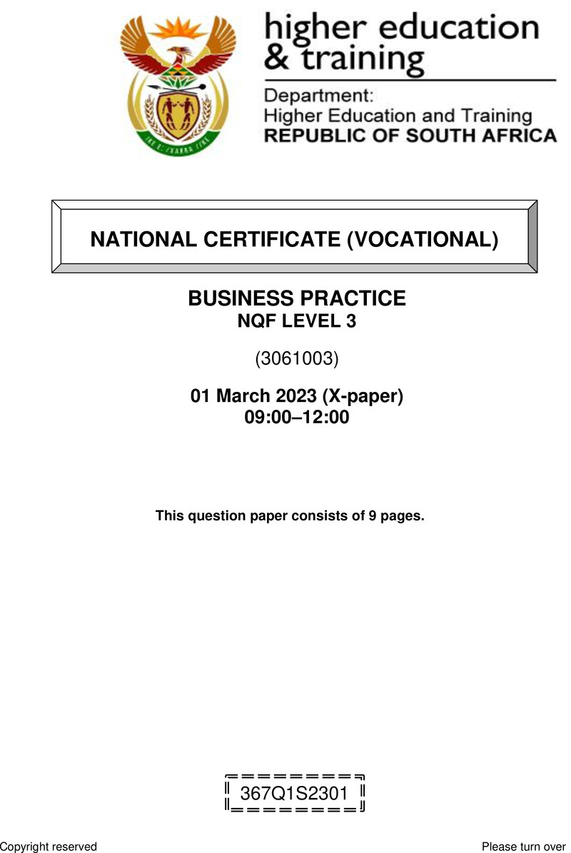 Business Practice Level 3 DHET NCV March 2023 Paper X - Question Paper
