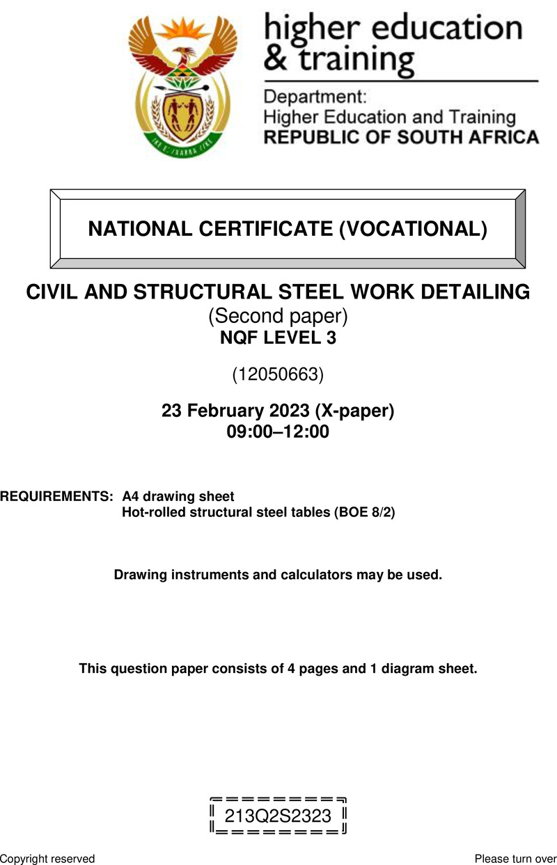 Civil and Structural Steelwork Detailing Level 3 DHET NCV February 2023 Paper X - Question Paper