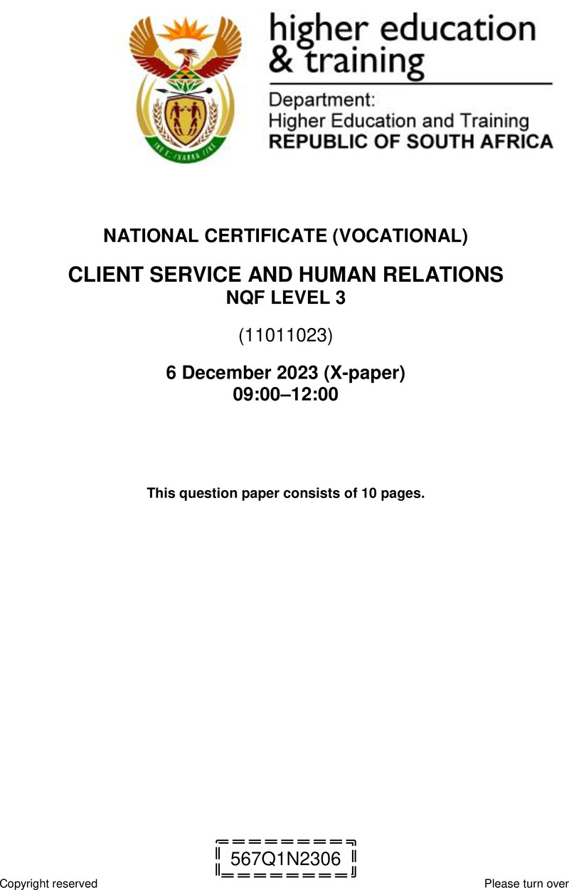 Client Services and Human Relations Level 3 DHET NCV December 2023 Paper X - Question Paper