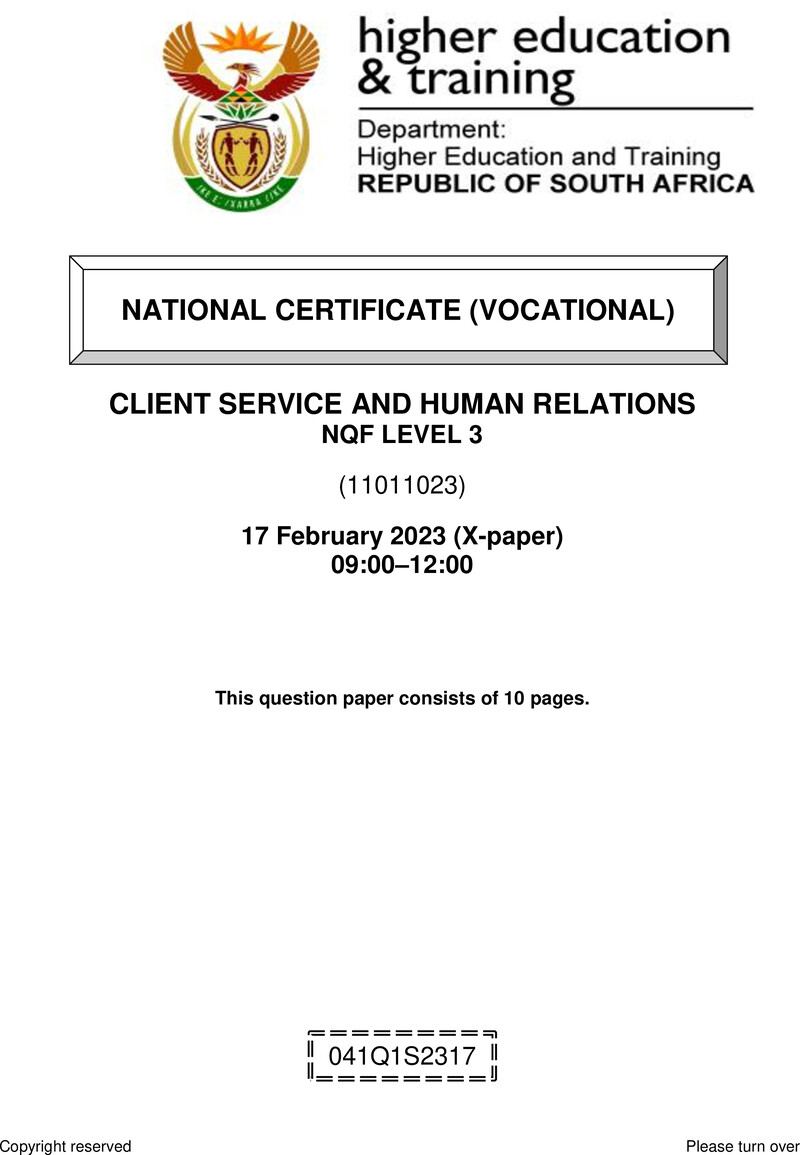 Client Services and Human Relations Level 3 DHET NCV February 2023 Paper X - Question Paper