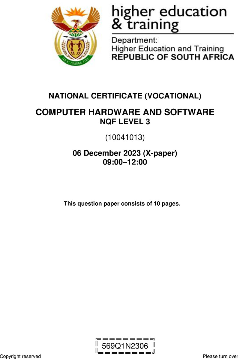 Computer Hardware and Software Level 3 DHET NCV December 2023 Paper X - Question Paper