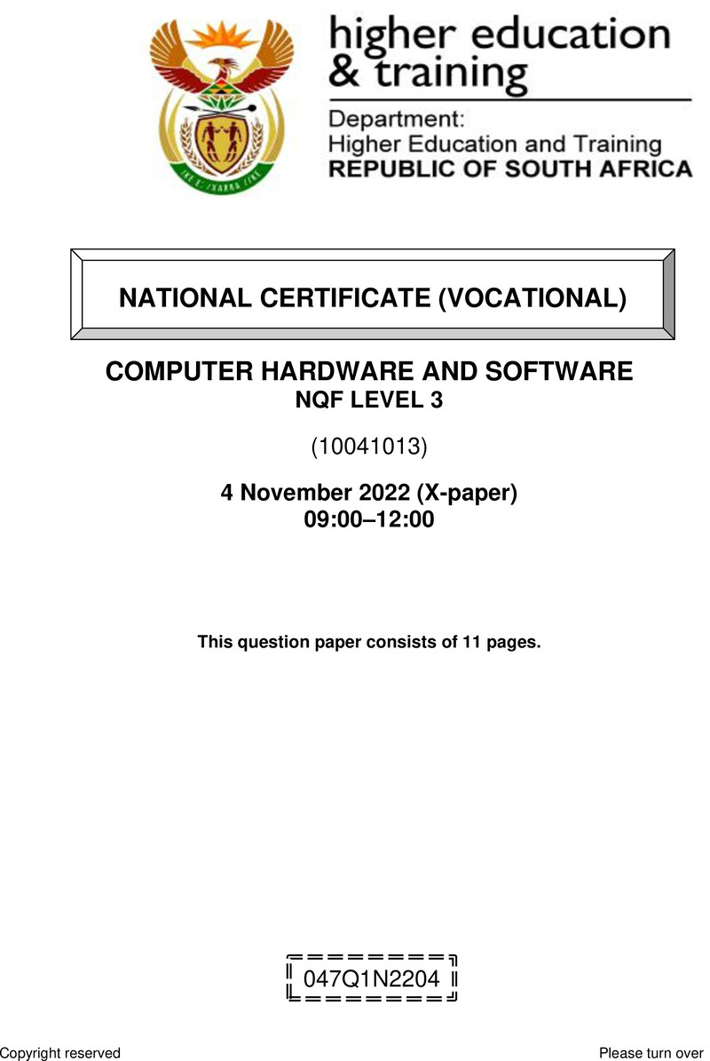 Computer Hardware and Software Level 3 DHET NCV November 2022 Paper X - Question Paper