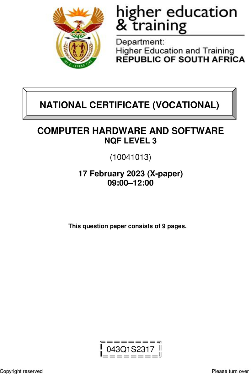 Computer Hardware and Software Level 3 DHET NCV February 2023 Paper X - Question Paper