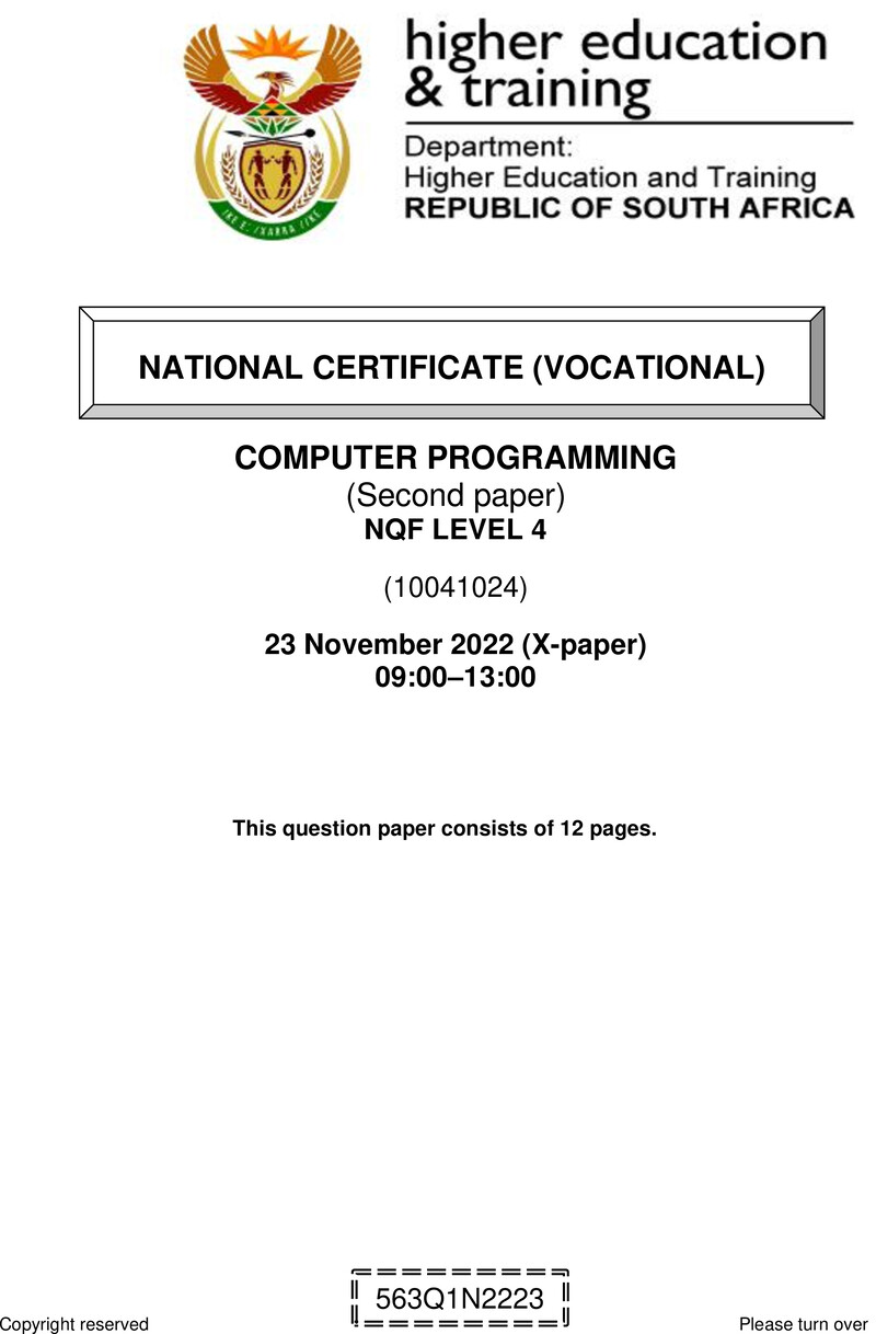 COMPUTER PROGRAMMING Level 4 DHET NCV November 2022 Paper X - Question Paper