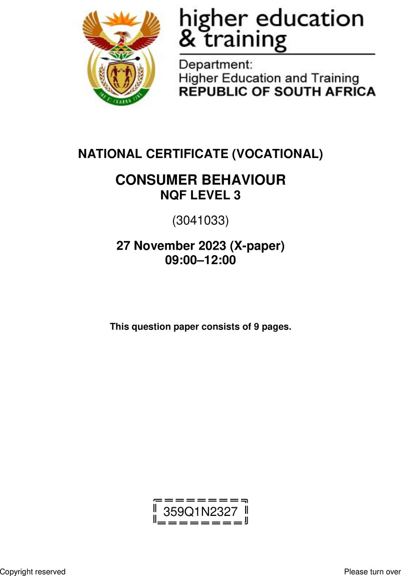 Consumer Behaviour Level 3 DHET NCV November 2023 Paper X - Question Paper