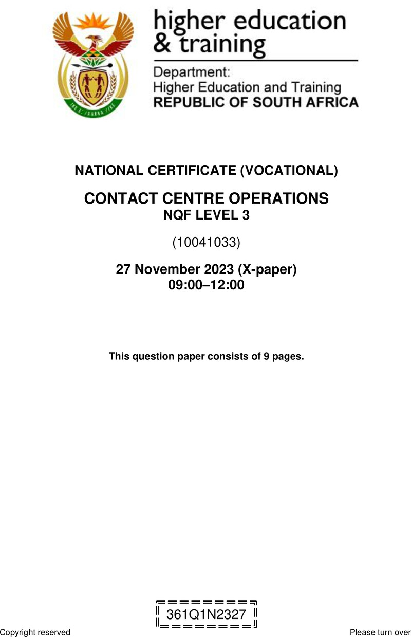 Contact Centre Operations Level 3 DHET NCV November 2023 Paper X - Question Paper