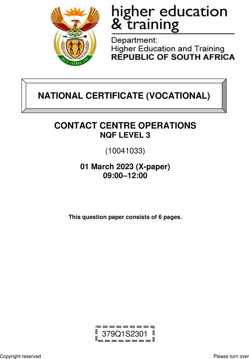 Contact Centre Operations Level 3 DHET NCV March 2023 Paper X - Question Paper