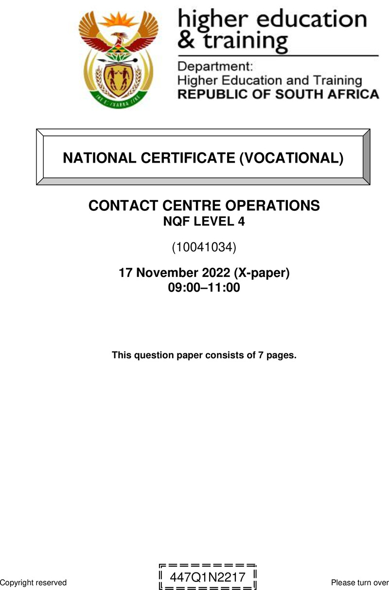 Contact Centre Operations Level 4 DHET NCV November 2022 Paper X - Question Paper