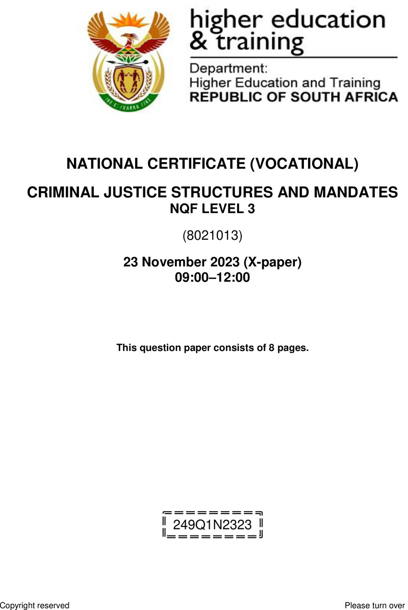 Criminal Justice Structures and Mandates Level 3 DHET NCV November 2023 Paper X - Question Paper