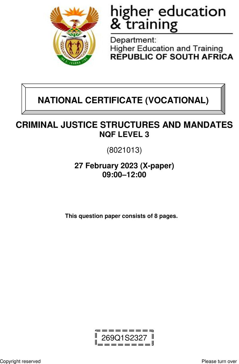 Criminal Justice Structures and Mandates Level 3 DHET NCV February 2023 Paper X - Question Paper