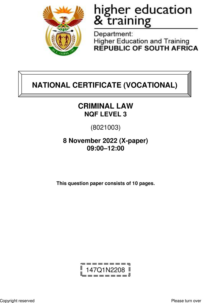Criminal Law Level 3 DHET NCV November 2022 Paper X - Question Paper