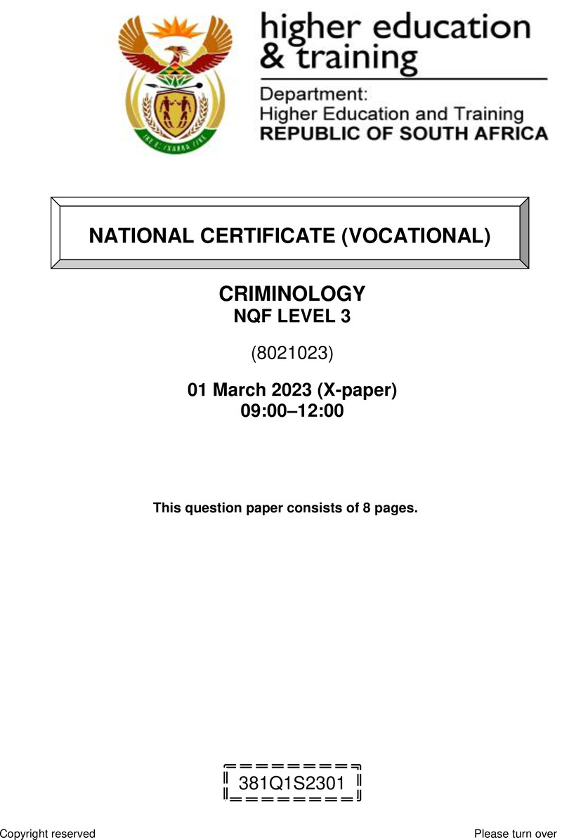 Criminology Level 3 DHET NCV March 2023 Paper X - Question Paper