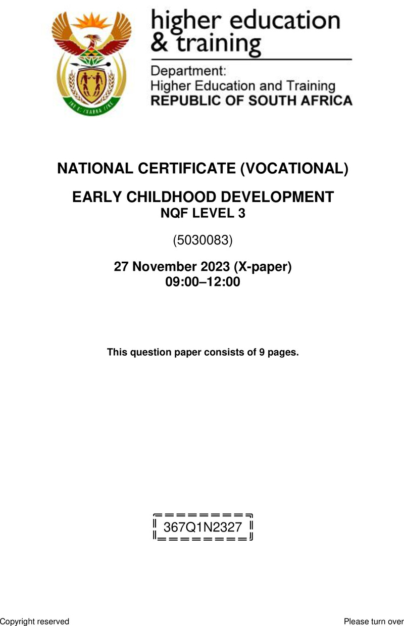 Early Childhood Development Level 3 DHET NCV November 2023 Paper X - Question Paper