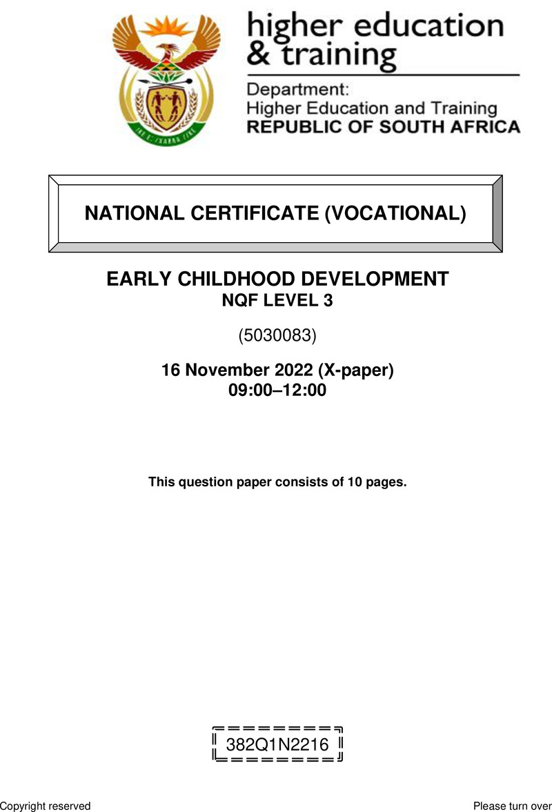 Early Childhood Development Level 3 DHET NCV November 2022 Paper X - Question Paper