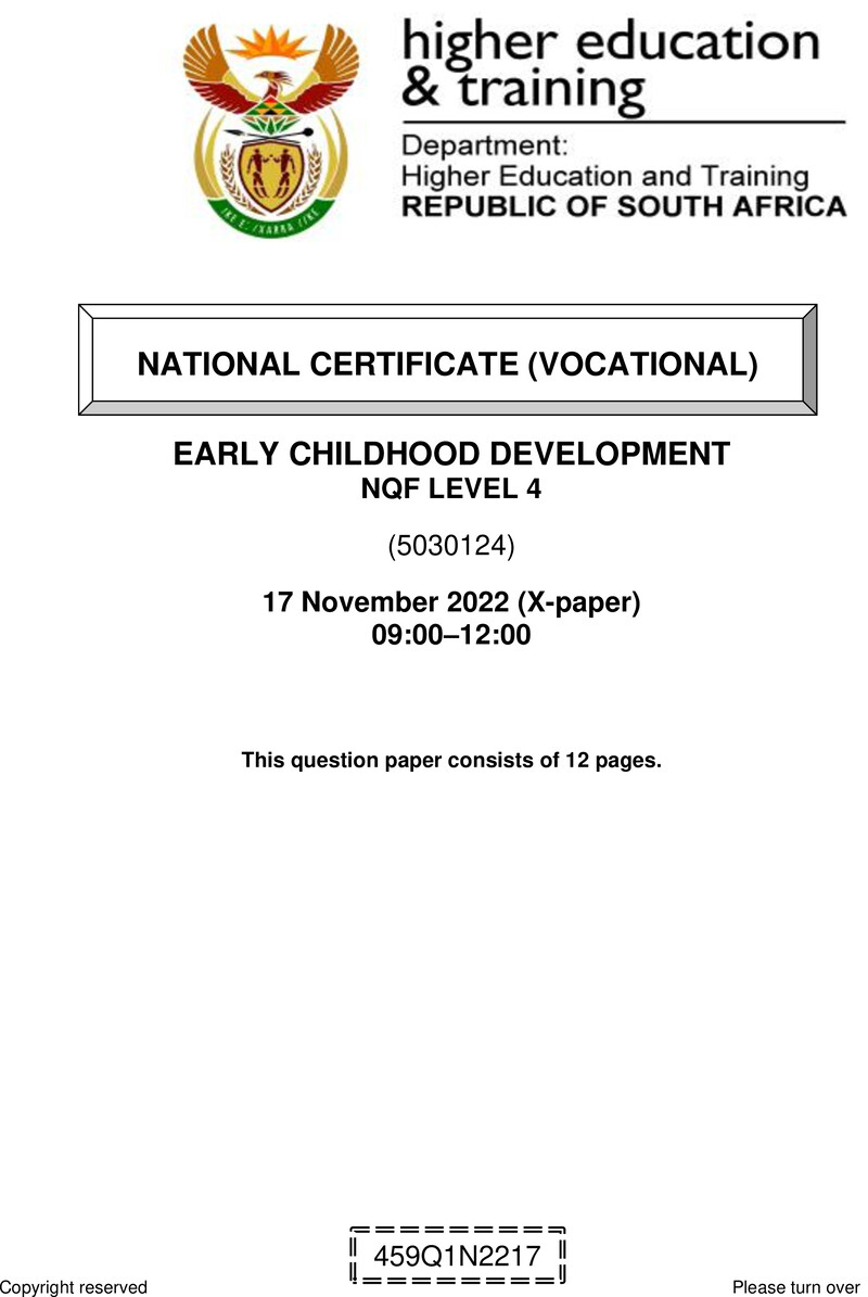 Early Childhood Development Level 4 DHET NCV November 2022 Paper X - Question Paper