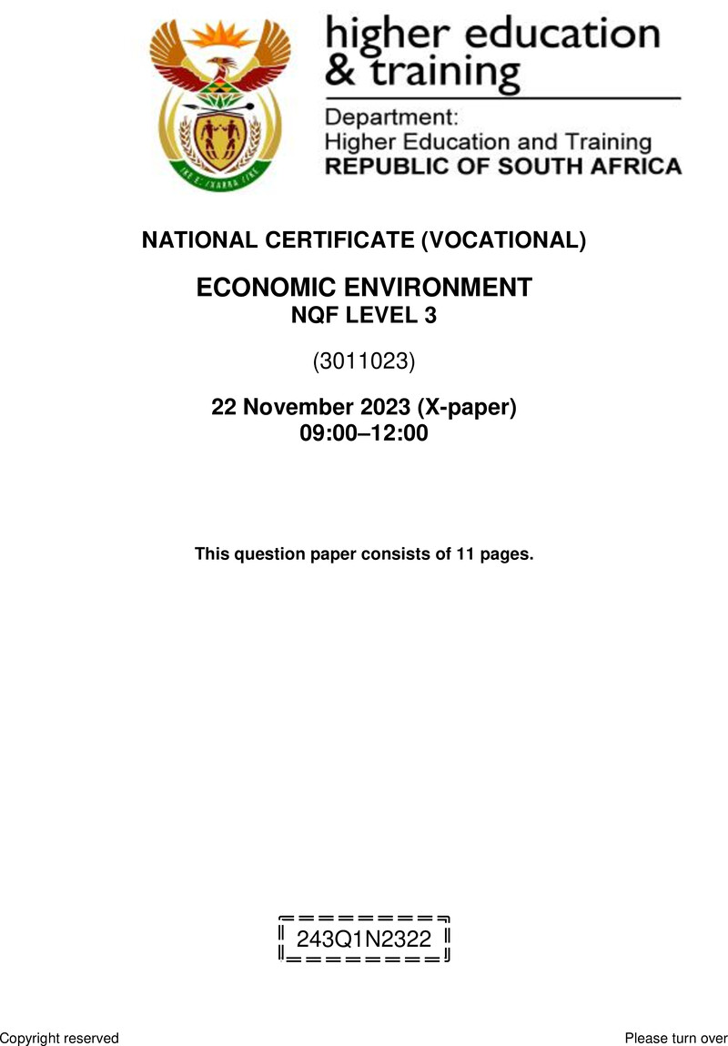 Economic Environment Level 3 DHET NCV November 2023 Paper X - Question Paper