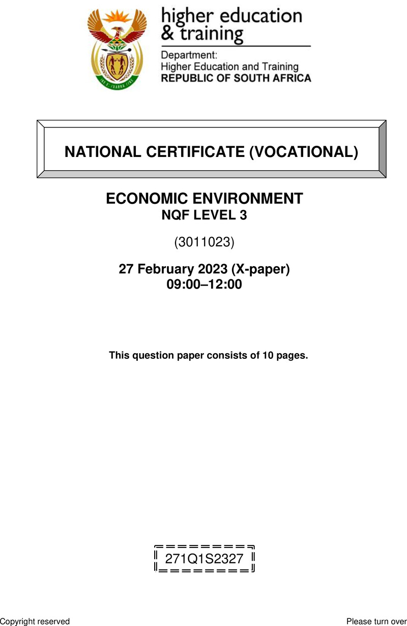 Economic Environment Level 3 DHET NCV February 2023 Paper X - Question Paper