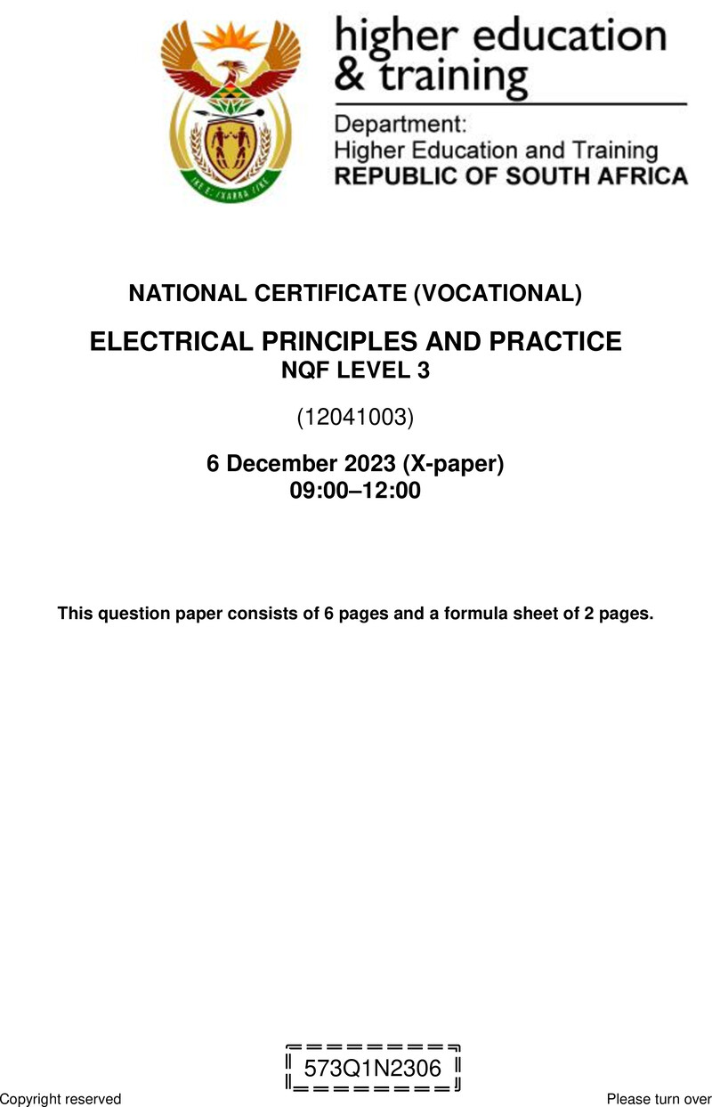Electrical Principles and Practice Level 3 DHET NCV December 2023 Paper X - Question Paper