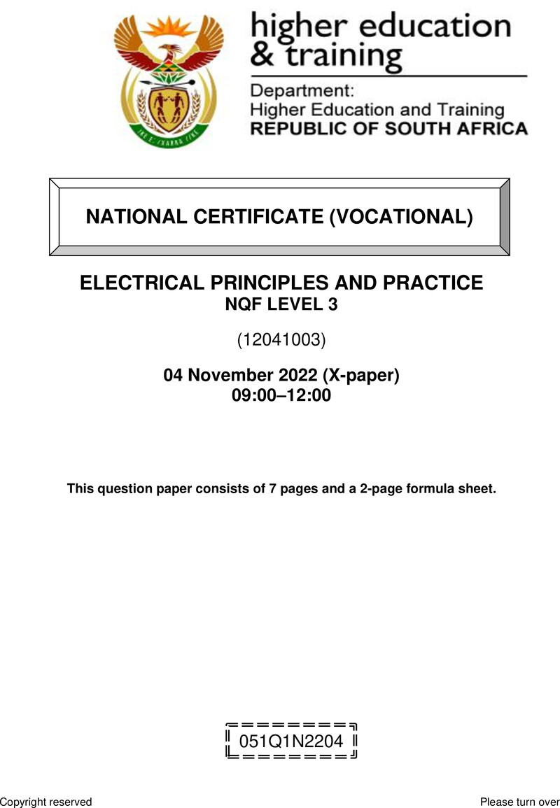 Electrical Principles and Practice Level 3 DHET NCV November 2022 Paper X - Question Paper