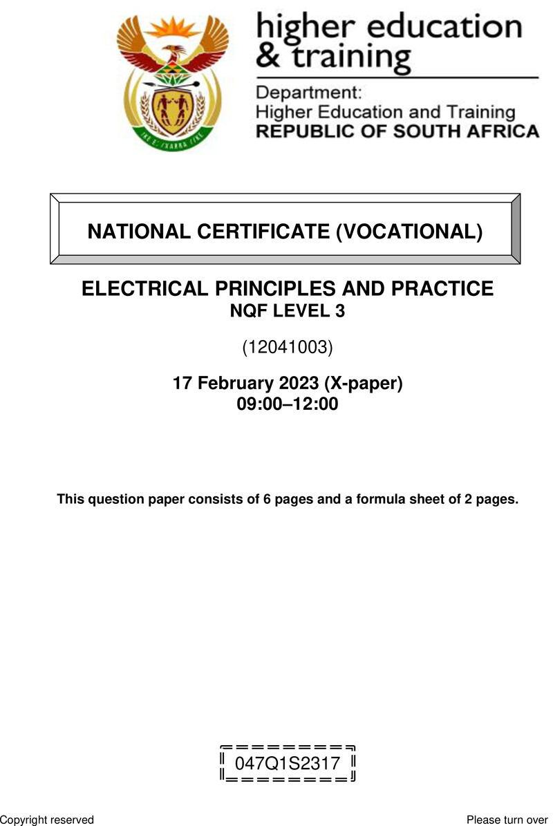 Electrical Principles and Practice Level 3 DHET NCV February 2023 Paper X - Question Paper