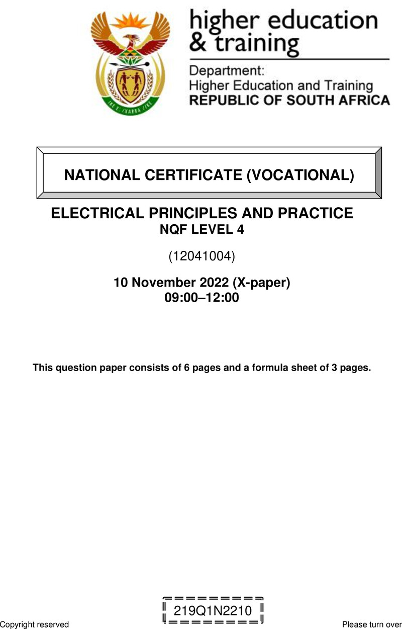Electrical Principles and Practice Level 4 DHET NCV November 2022 Paper X - Question Paper