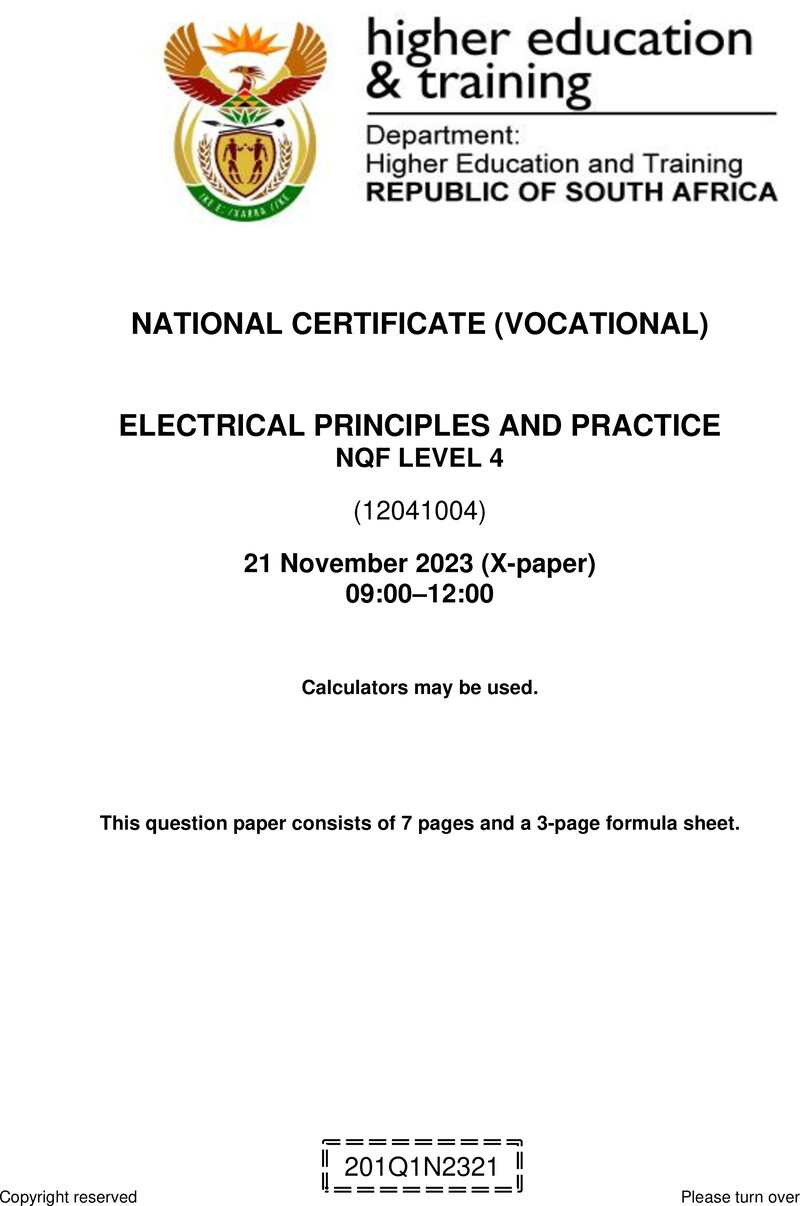Electrical Principles and Practice Level 4 DHET NCV November 2023 Paper X - Question Paper