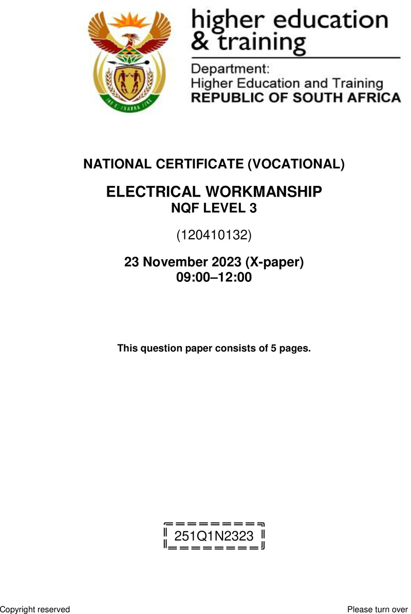 Electrical Workmanship Level 3 DHET NCV November 2023 Paper X - Question Paper