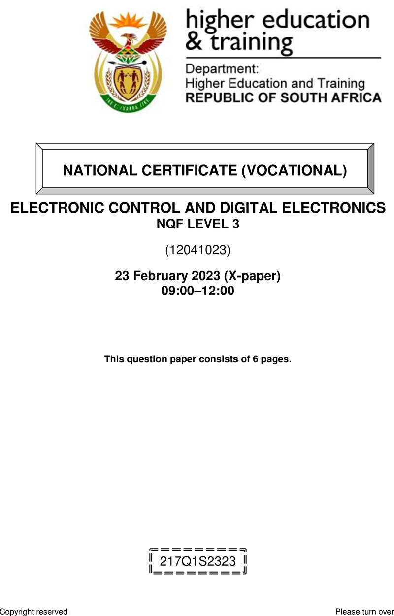 Electronic Control and Digital Electronics Level 3 DHET NCV February 2023 Paper X - Question Paper