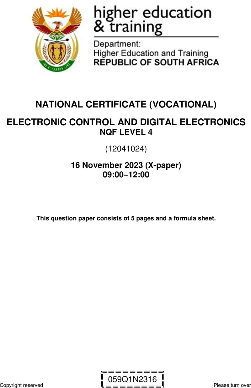 Electronic Control and Digital Electronics Level 4 DHET NCV November 2023 Paper X - Question Paper