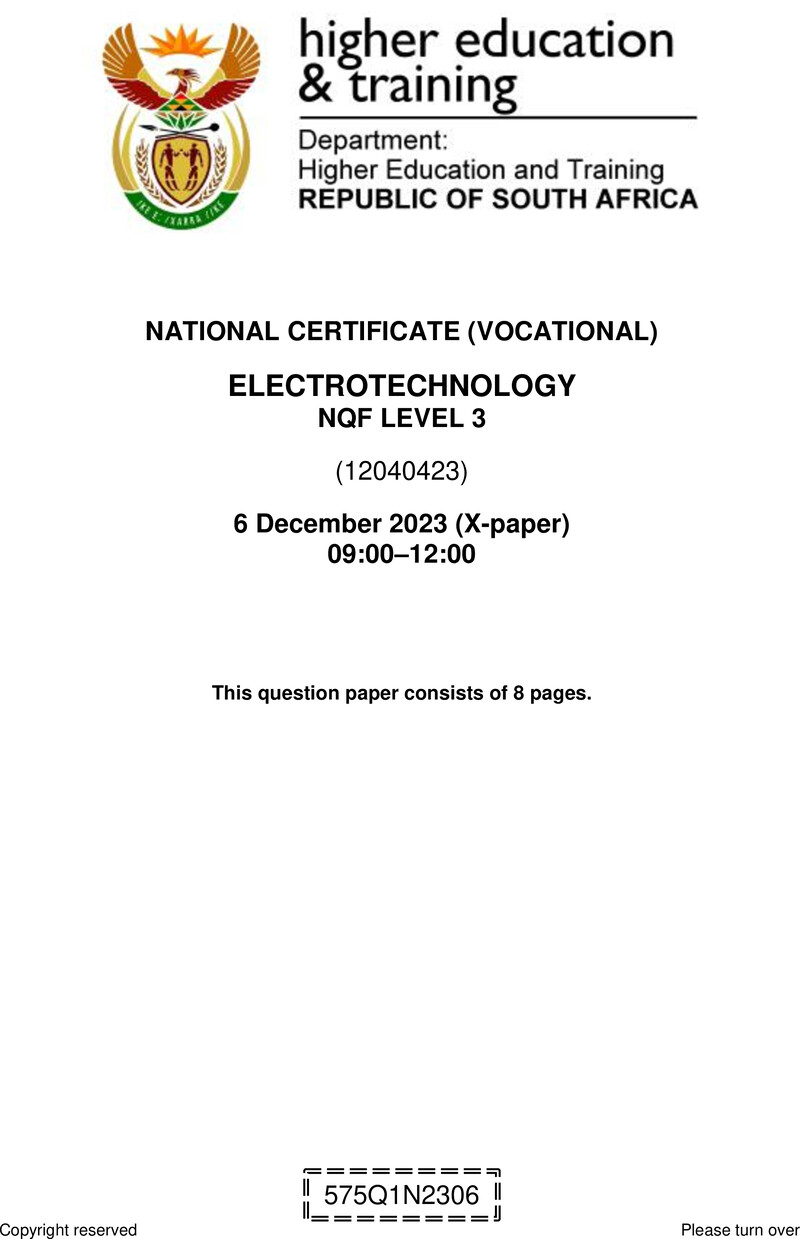 Electrotechnology Level 3 DHET NCV December 2023 Paper X - Question Paper