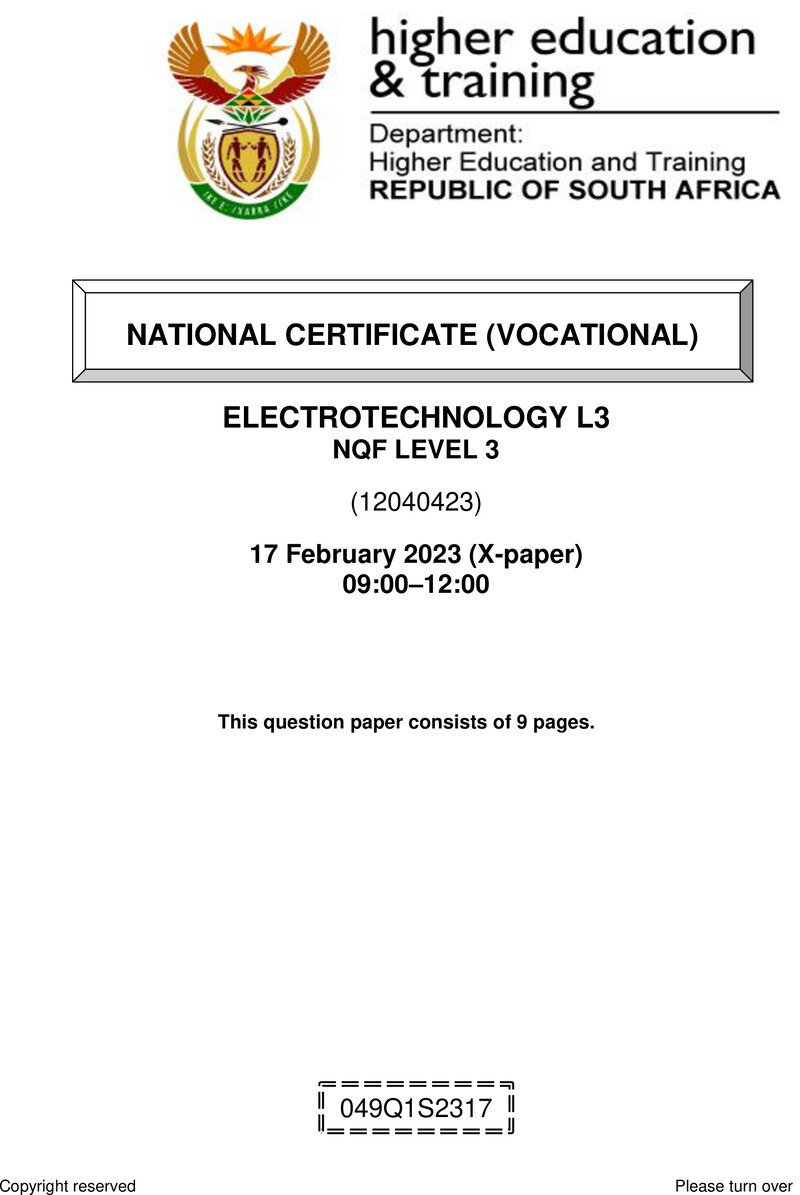 Electrotechnology Level 3 DHET NCV February 2023 Paper X - Question Paper