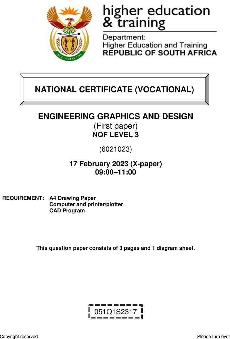 Engineering Graphics and Design Level 3 DHET NCV February 2023 Paper X - Question Paper