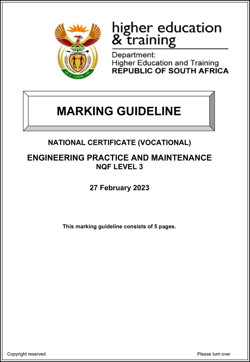 Engineering Practice and Maintenance Level 3 DHET NCV 2023 - Memo