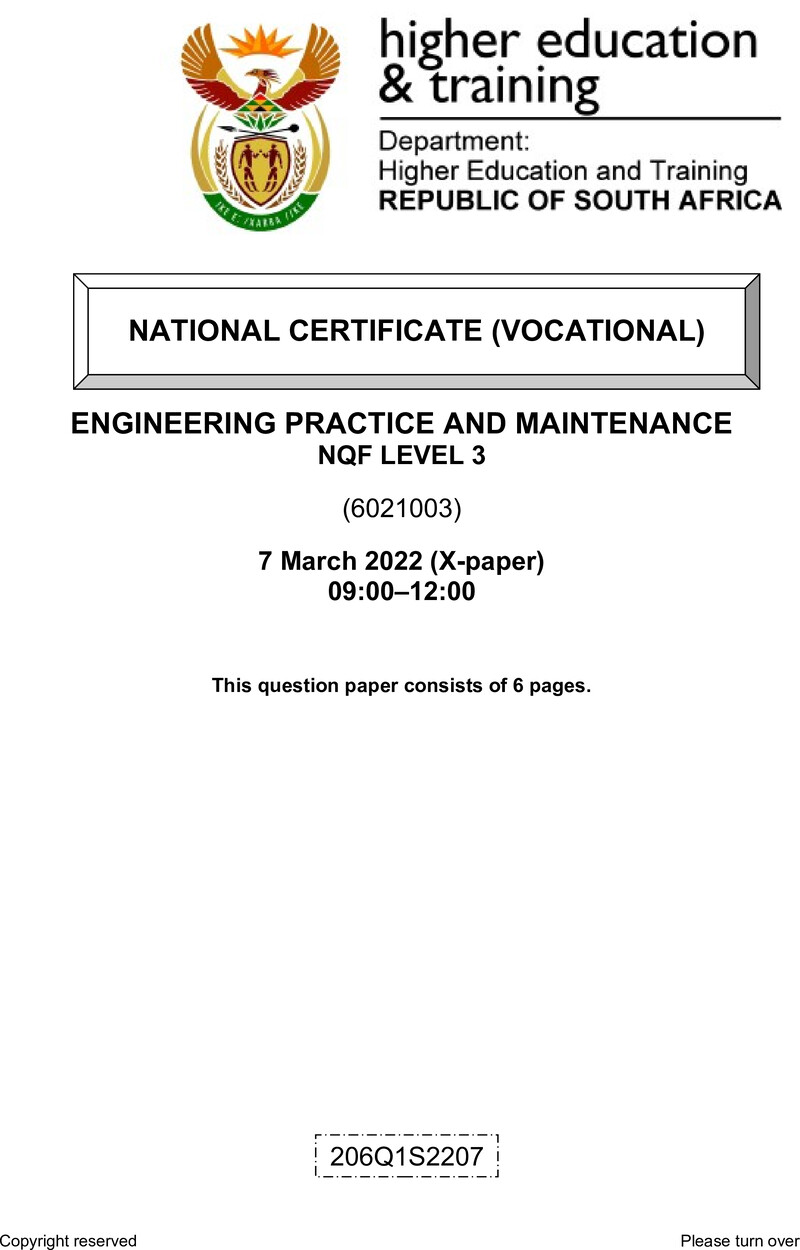 Engineering Practice and Maintenance Level 3 DHET NCV March 2022 Paper X - Question Paper