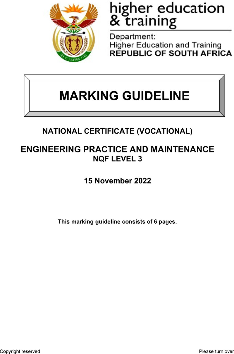 Engineering Practice and Maintenance Level 3 DHET NCV 2022 - Memo
