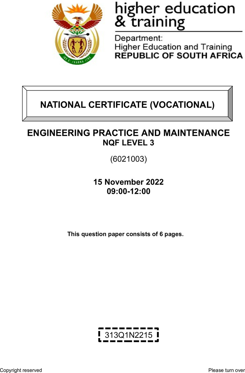 Engineering Practice and Maintenance Level 3 DHET NCV November 2022 - Question Paper
