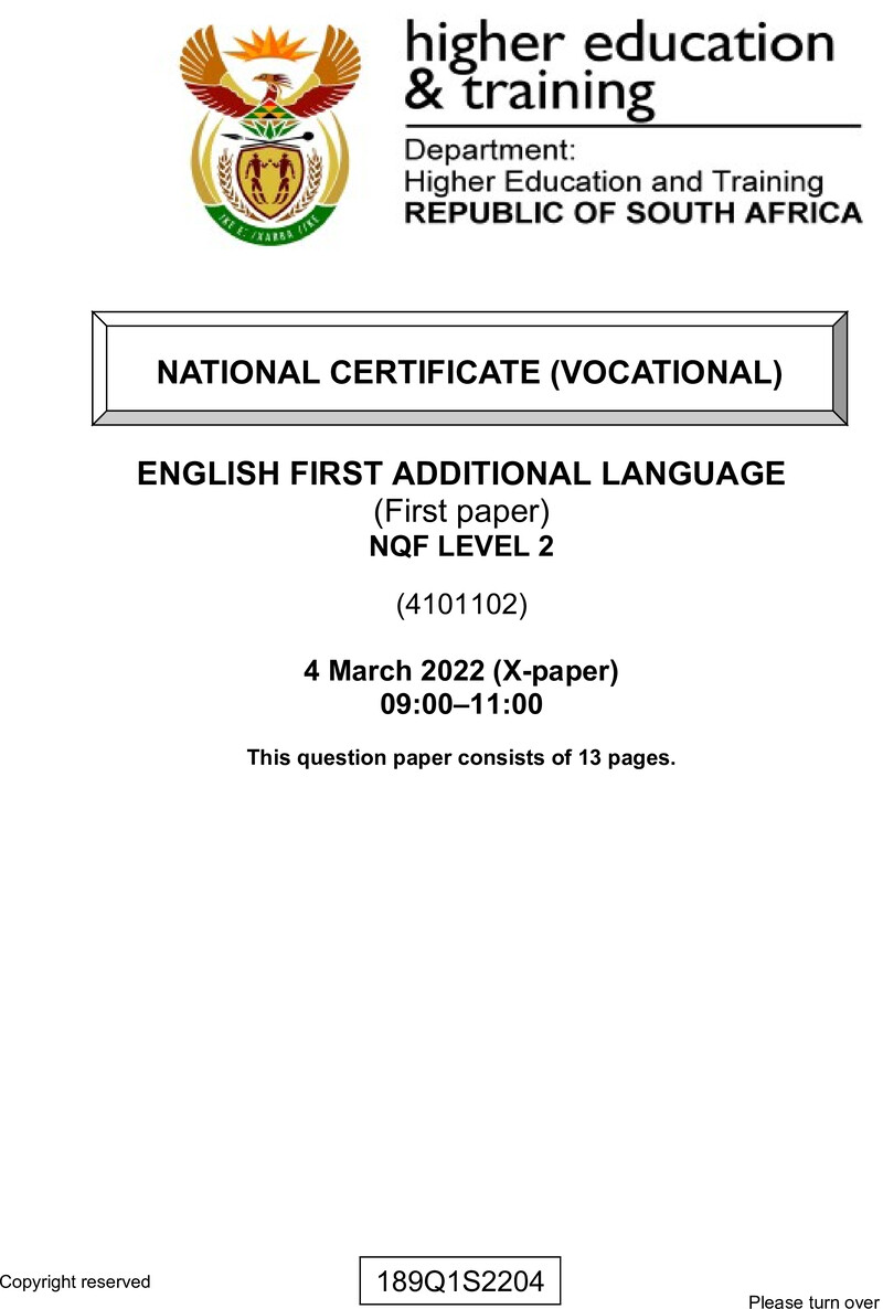 English Level 2 Dhet NCV March 2022 Paper 10 - Question Paper