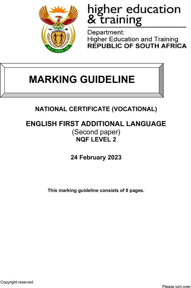 English Level 2 Dhet NCV 2023 - Memo
