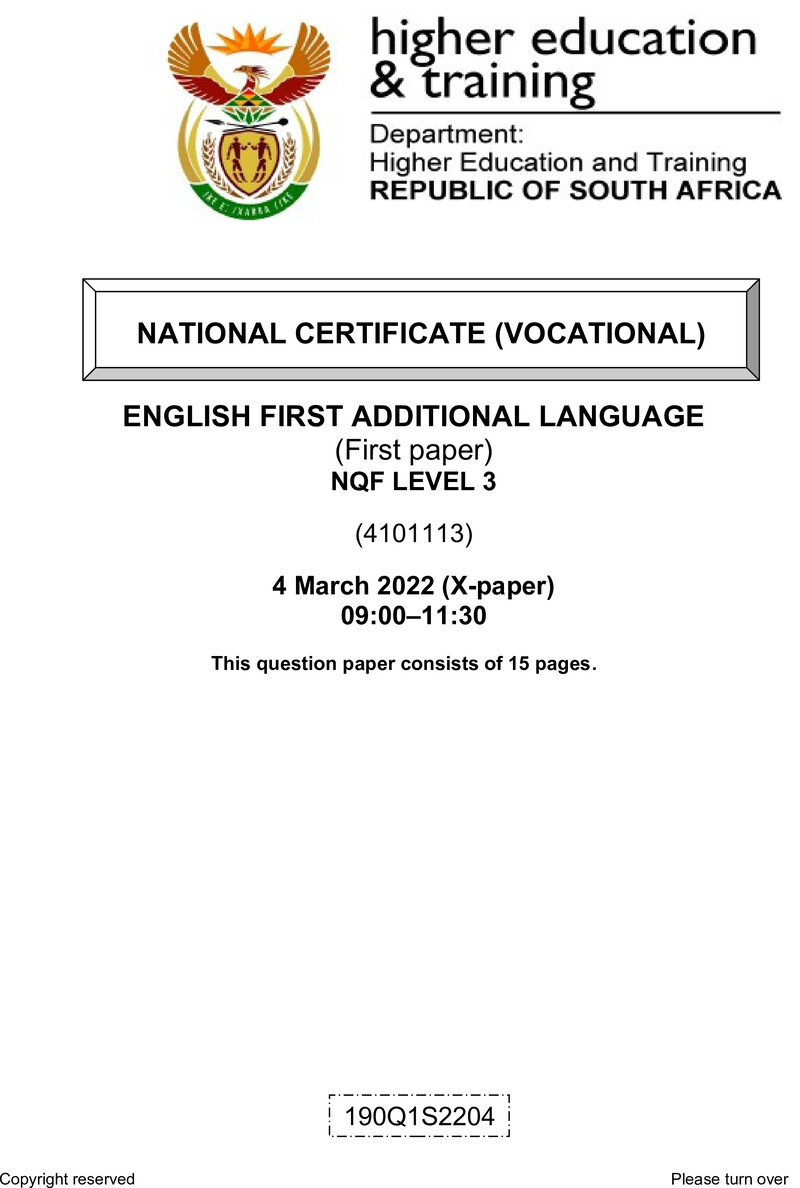 English Level 3 Dhet NCV March 2022 Paper 10 - Question Paper