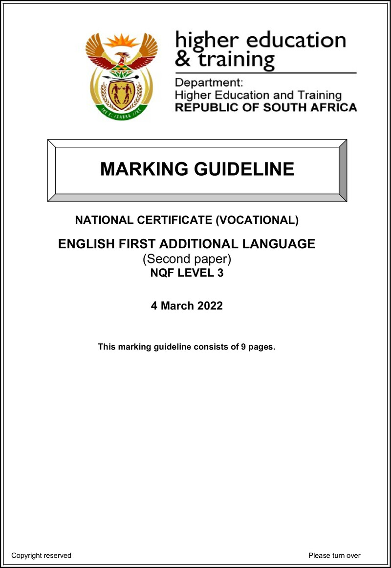 English Level 3 Dhet NCV March 2022 - Memo