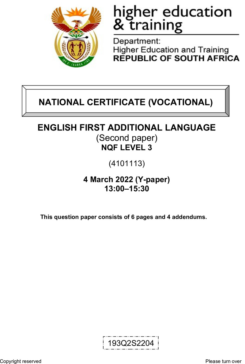 English Level 3 Dhet NCV March 2022 Paper Y - Question Paper