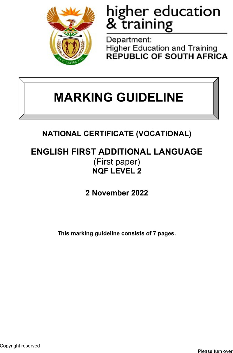 English Level 2 Dhet NCV November 2022 - Memo