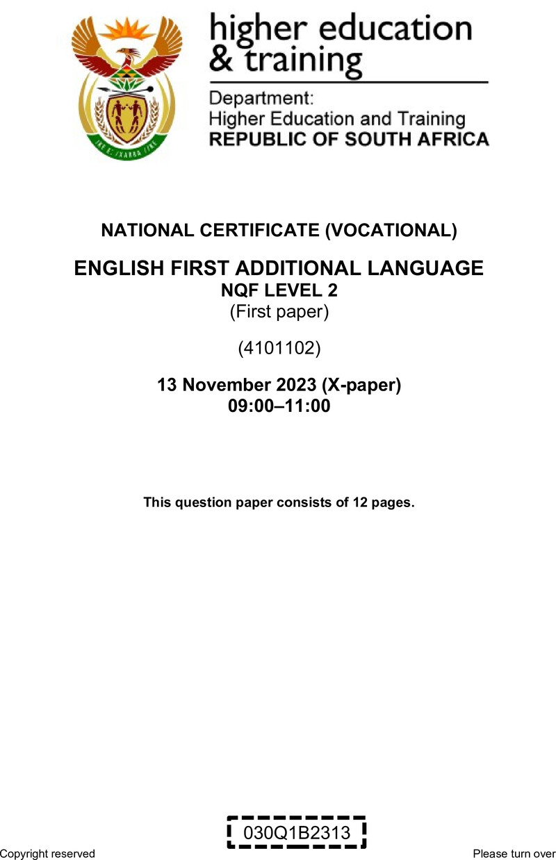 English Level 2 Dhet NCV November 2023 Paper 10 - Question Paper