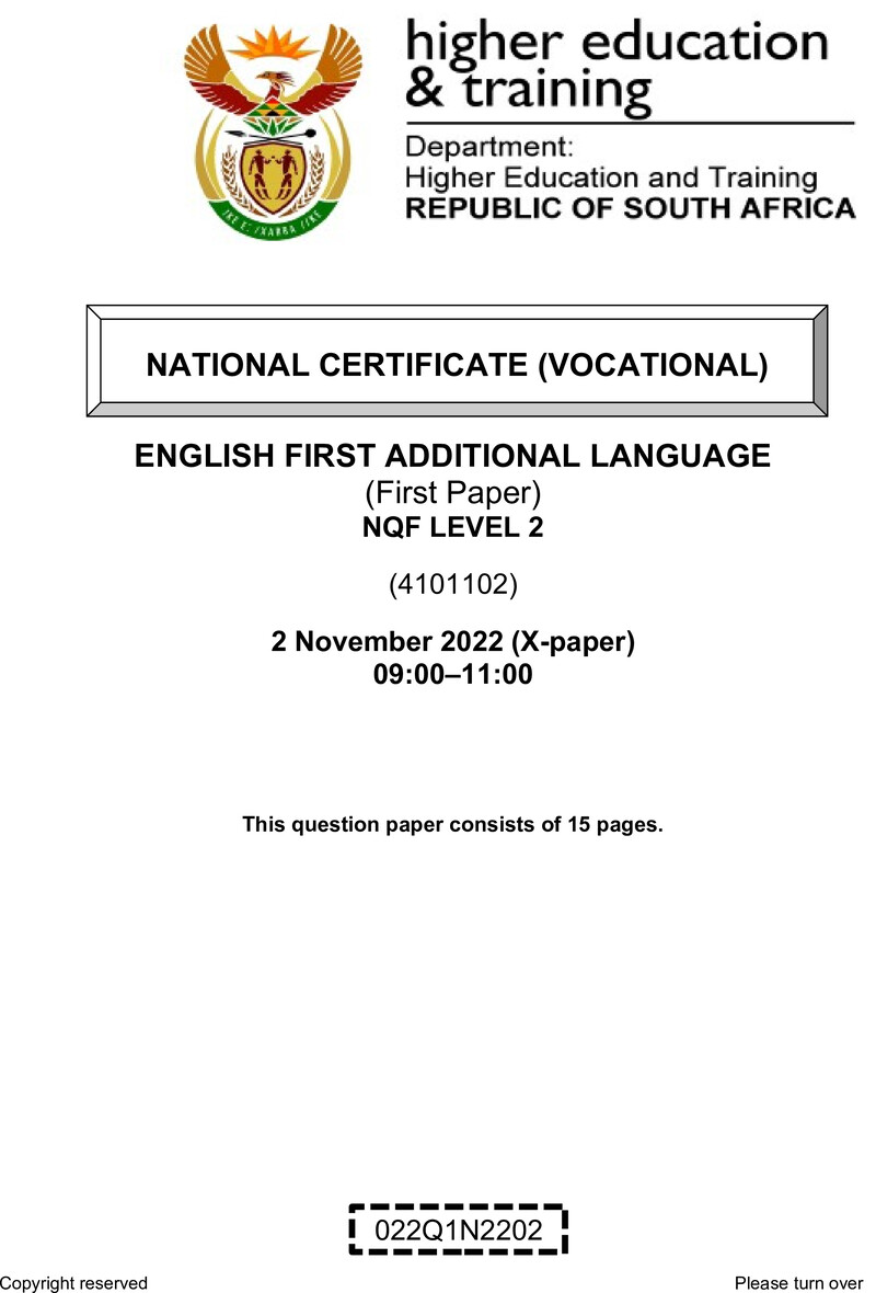 English Level 2 Dhet NCV November 2022 Paper 10 - Question Paper
